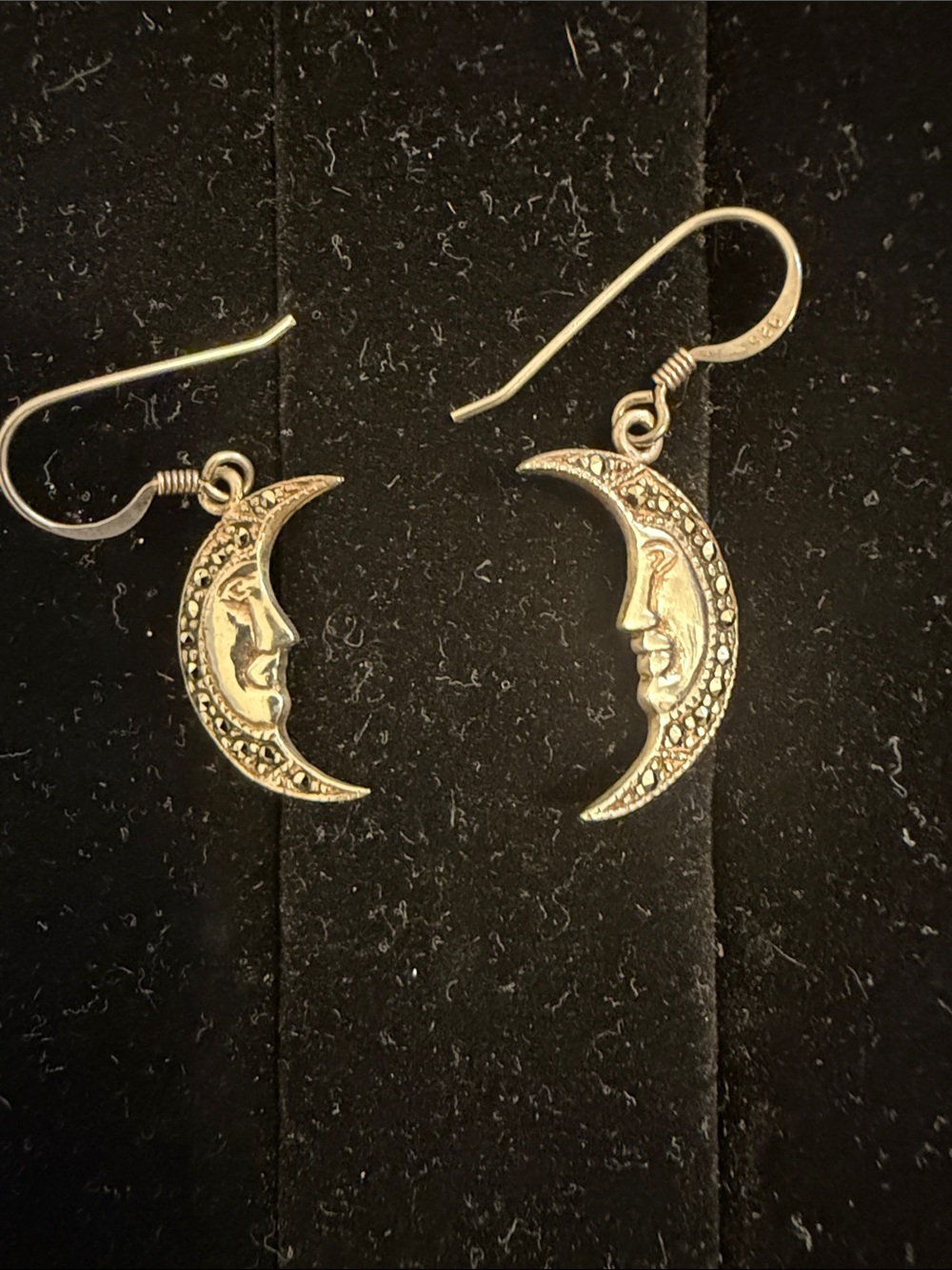 Crescent Moon Face Dangle Earrings - Sterling Silver 925